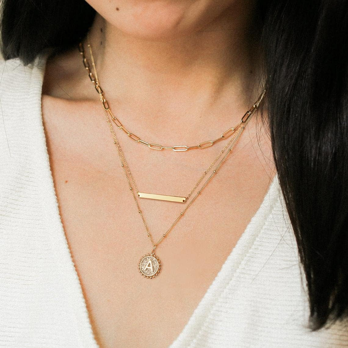 Layered Gold Necklace for Women - 14K Gold Plated Initial Necklaces for Women Dainty Coin Letter Necklace Layered Necklace Set Gold Jewelry for Women Gifts