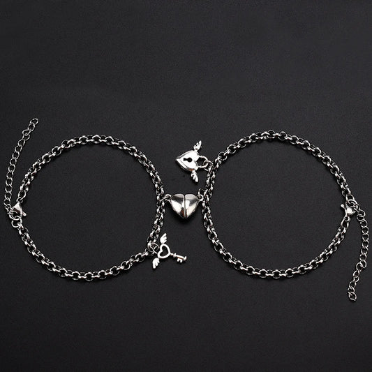 2Pcs/Pair Heart Shaped Magnet Attraction Bracelet for Couples Stainless Steel Angel Wing Lock Men'S Women'S Charm Jewelry Gifts