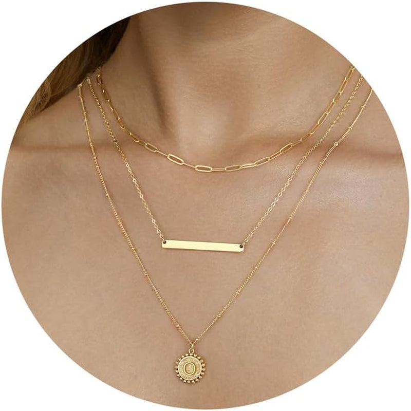 Layered Gold Necklace for Women - 14K Gold Plated Initial Necklaces for Women Dainty Coin Letter Necklace Layered Necklace Set Gold Jewelry for Women Gifts